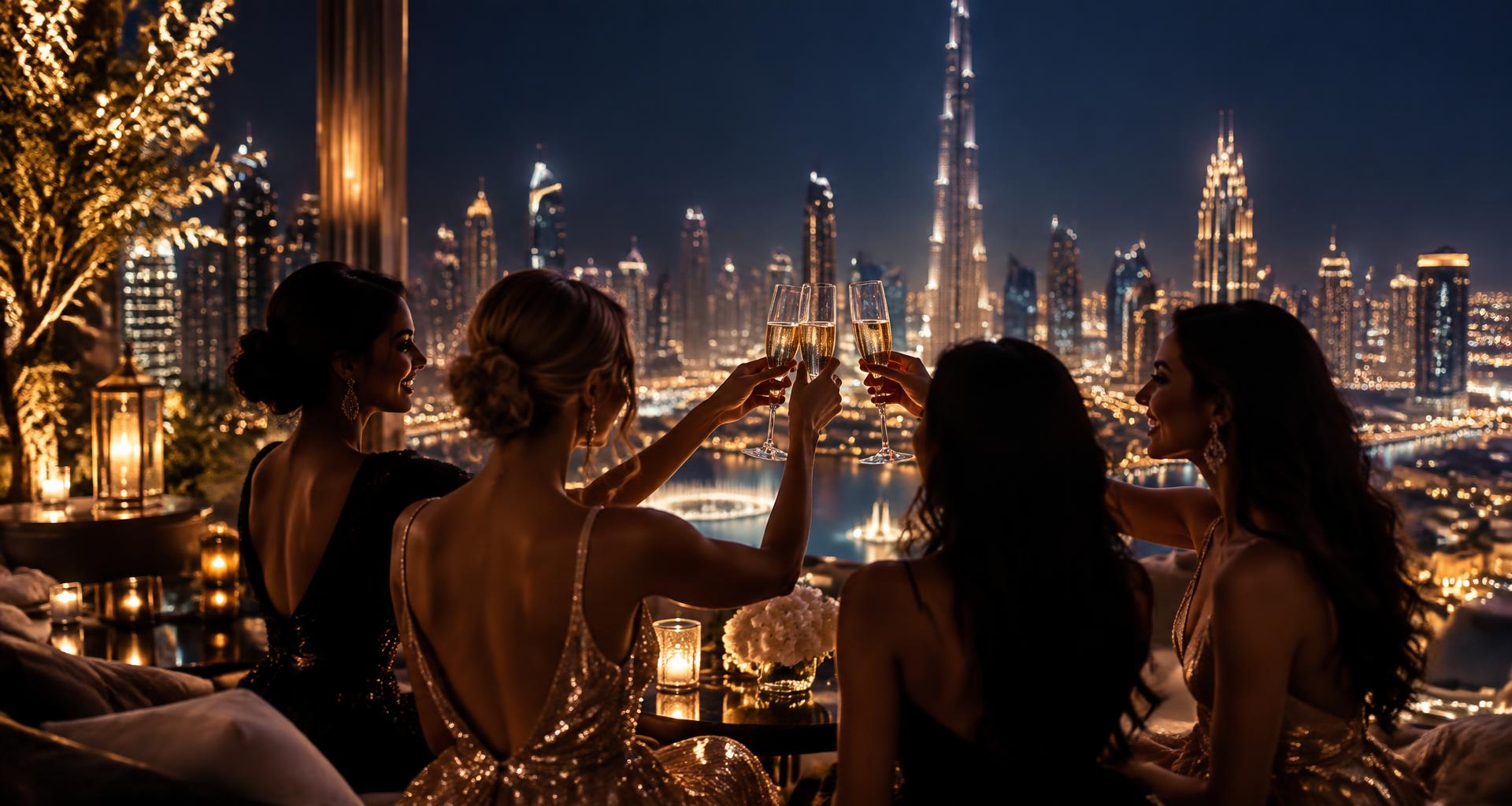 Ladies toasting champagne over the Dubai skyline at night